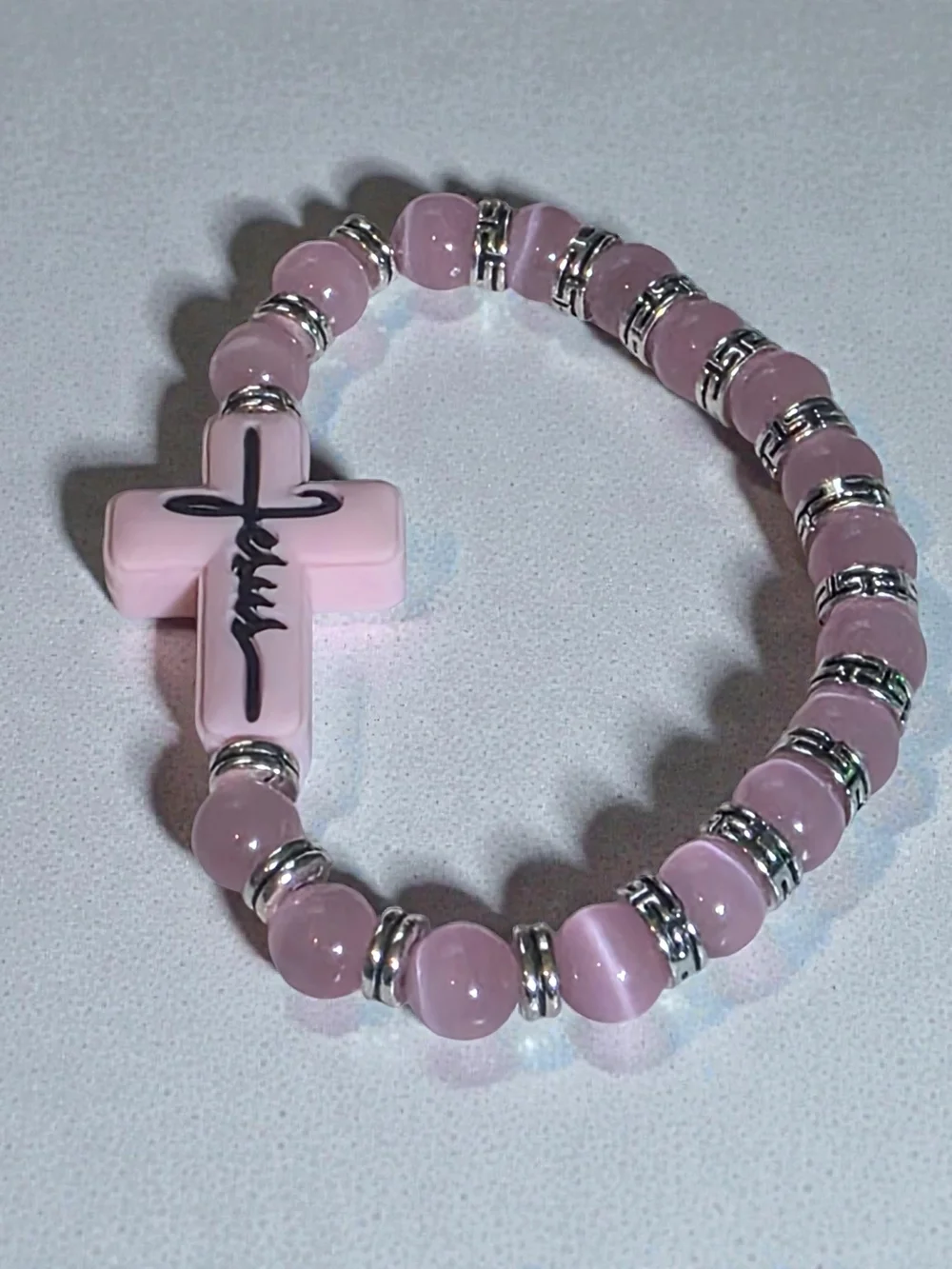 Pink Cat's Eye Beaded Jesus Cross Stretch Bracelet
